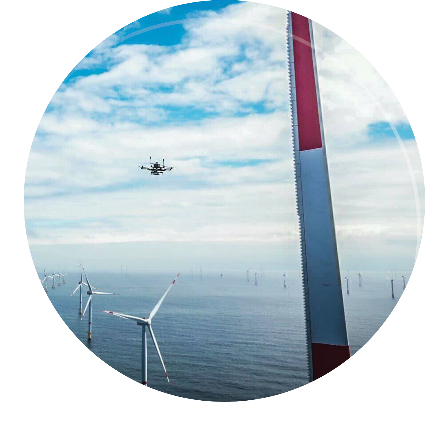 SkySpecs drone flying over offshore wind turbines