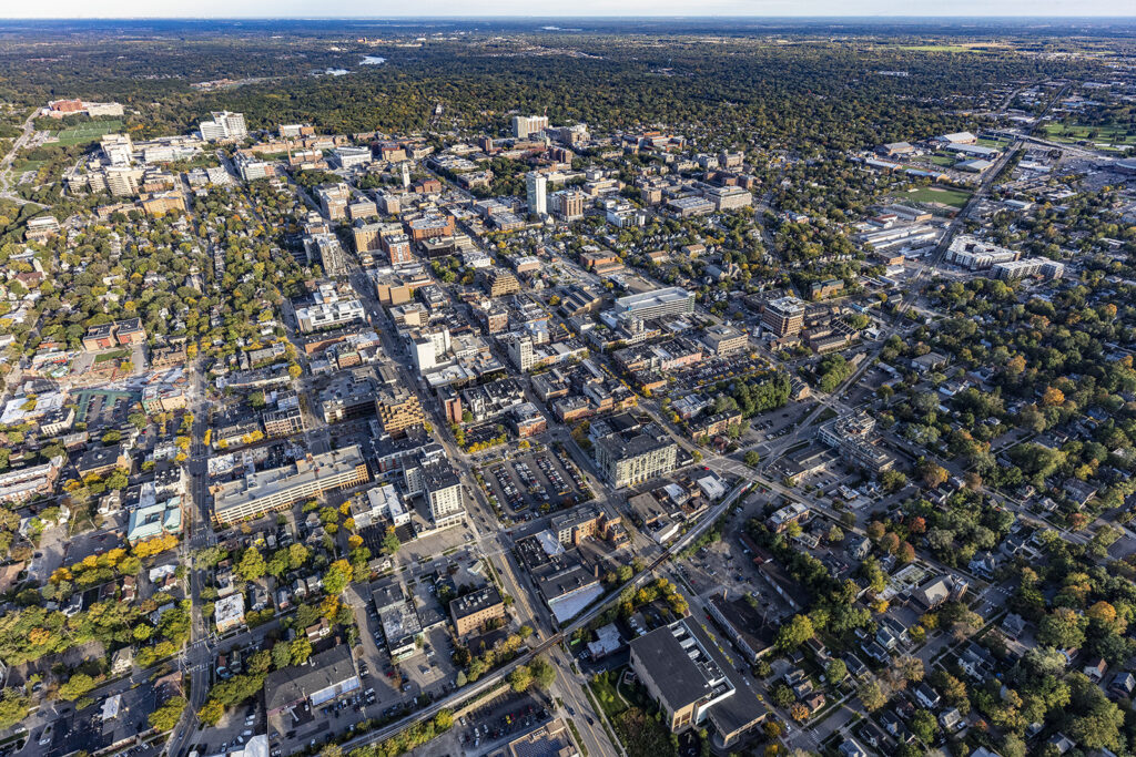 Aerial shot of Ann Arbor, Michigan provided by Oxford Companies. Used with permission.