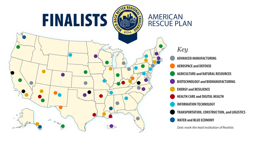 Map of USA showing finalists in the EDA's build back better regional challenge