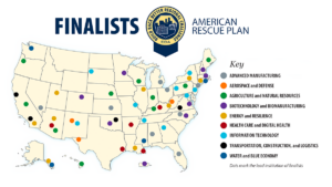 Map of USA showing finalists in the EDA's build back better regional challenge