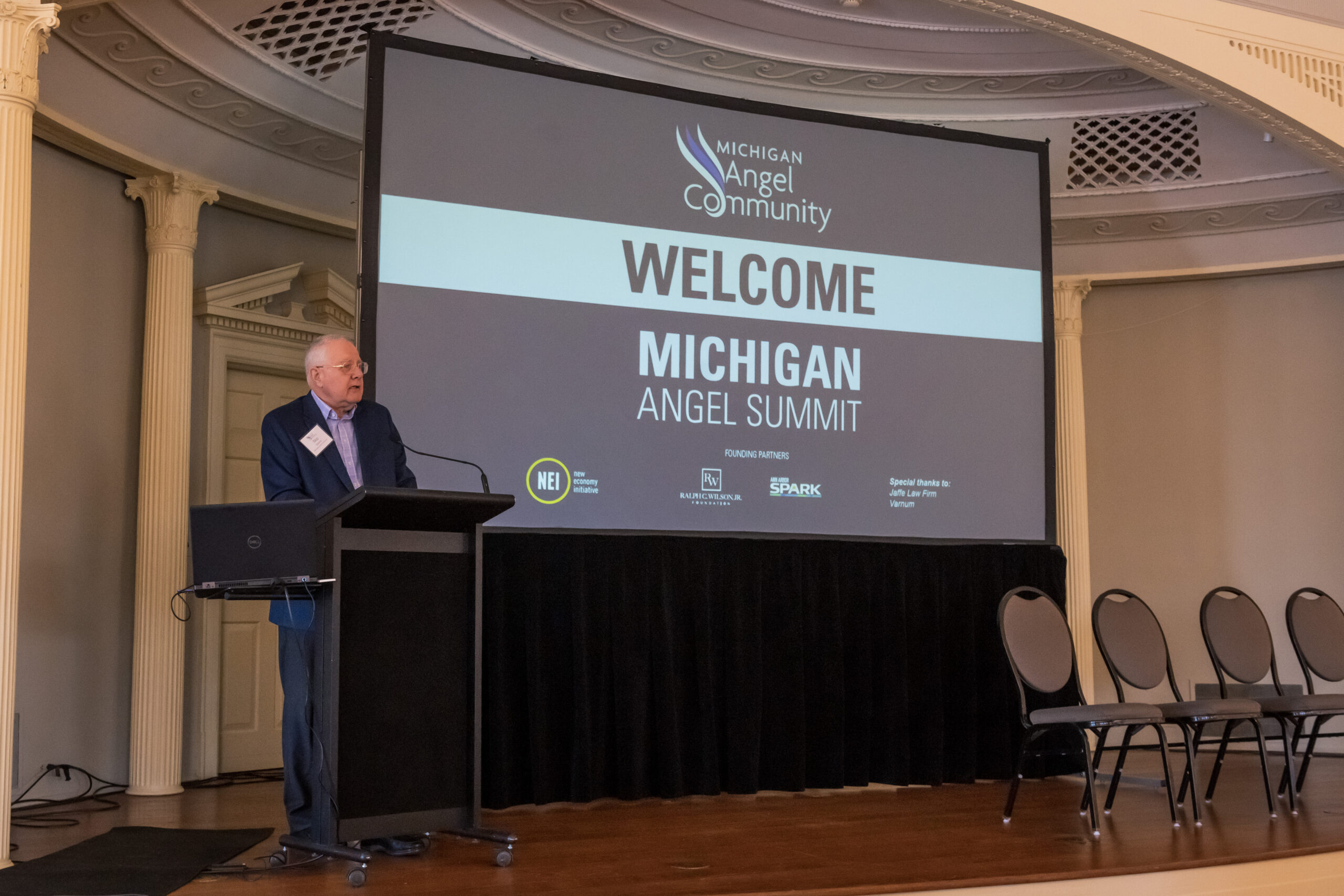 Skip Simms, Michigan Angel Community director and senior vice president of Ann Arbor SPARK, offers his opening remarks to begin the summit.