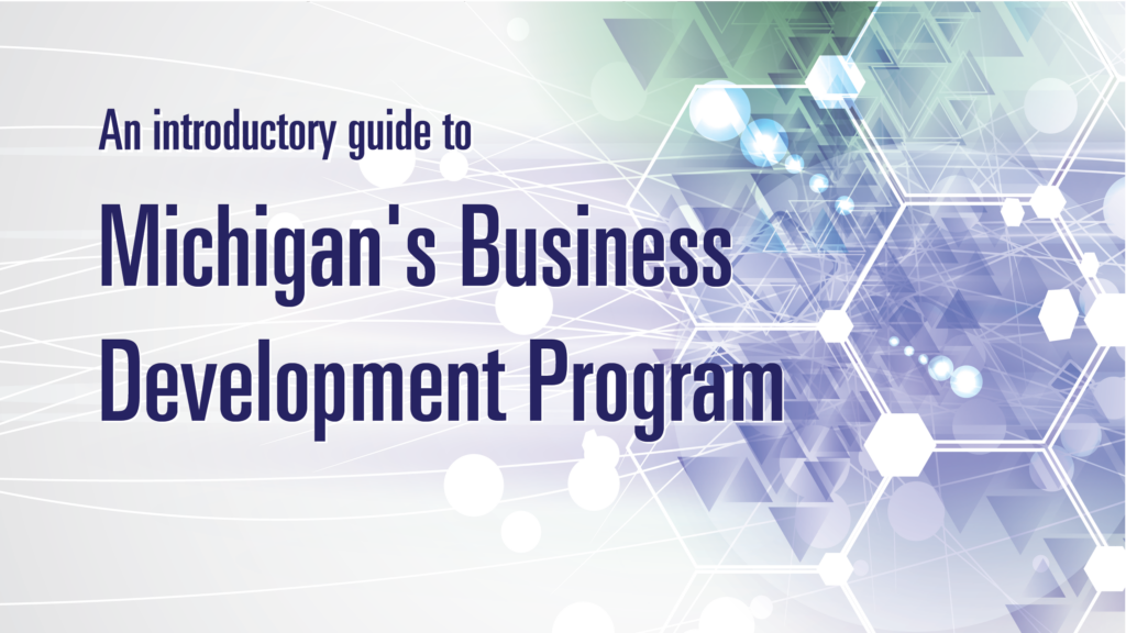 Michigan's Business Development Program-banner with purple, green, and white abstract background