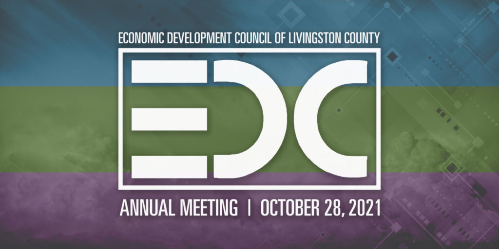 Economic Development Council of Livingston County banner-blue, green, and purple striped background