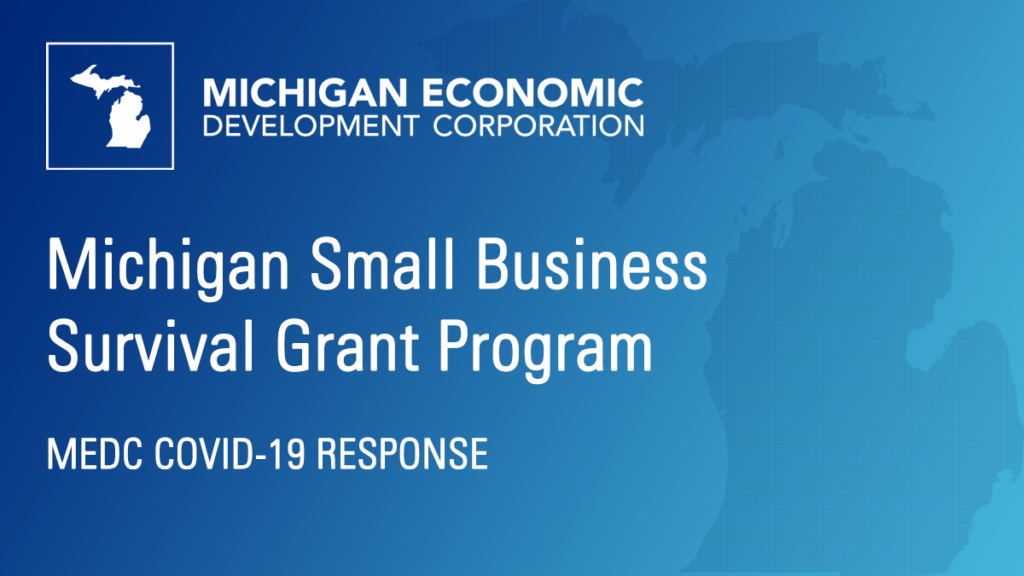 MEDC-Grant-2021-blue background with Michigan outline
