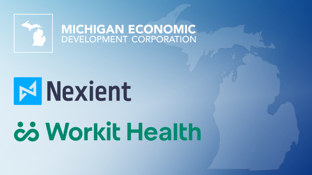 MEDC Workit Nexient-blue background and Michigan outline