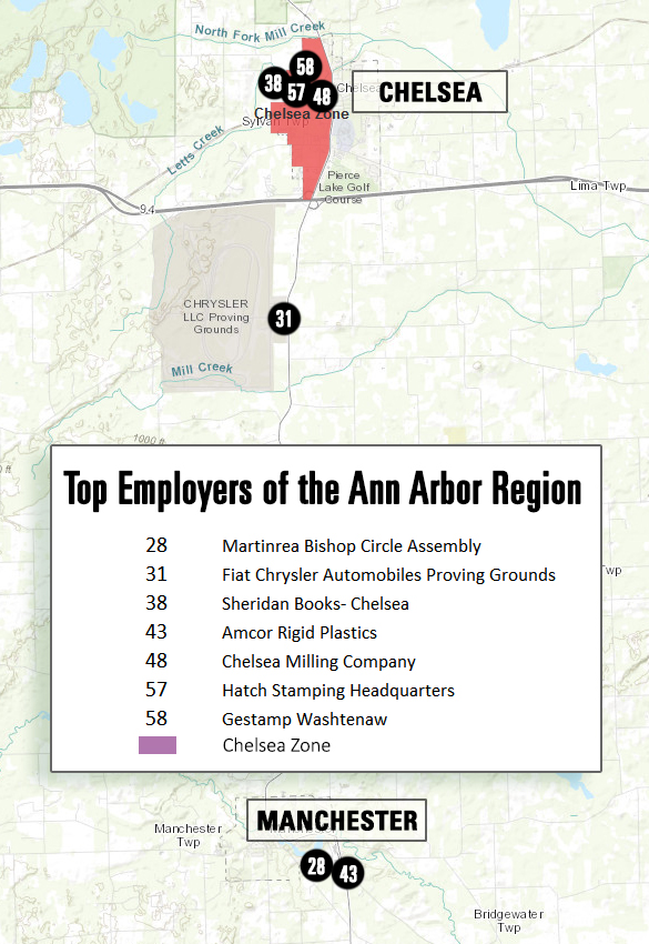 Top Employers in the Ann Arbor Region: Chelsea and Manchester:
Martinrea Bishop Circle Assembly
Fiat Chrysler Automobiles Proving Grounds
Sheridan Books - Chelsea
Amcor Rigid Plastics
Chelsea Milling Company
Hatch Stamping Headquarters
Gestamp Washtenaw