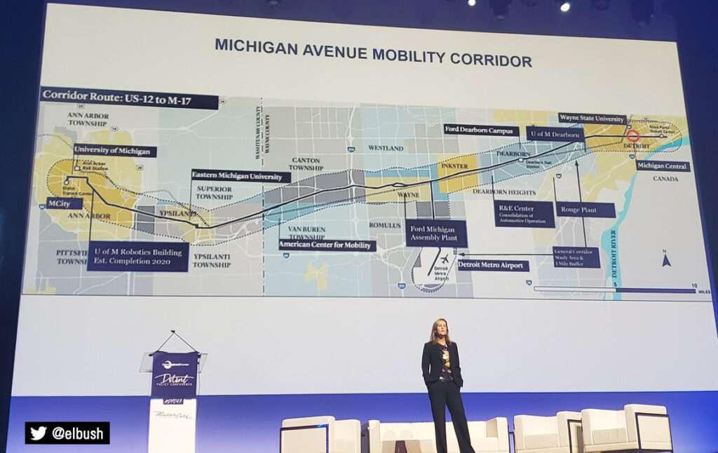 Mary Culler, president of the Ford Motor Fund, presenting the vision of a Michigan Avenue Mobility Corridor at the 2020 Detroit Policy Conference. Photo by Twitter user elbush.
