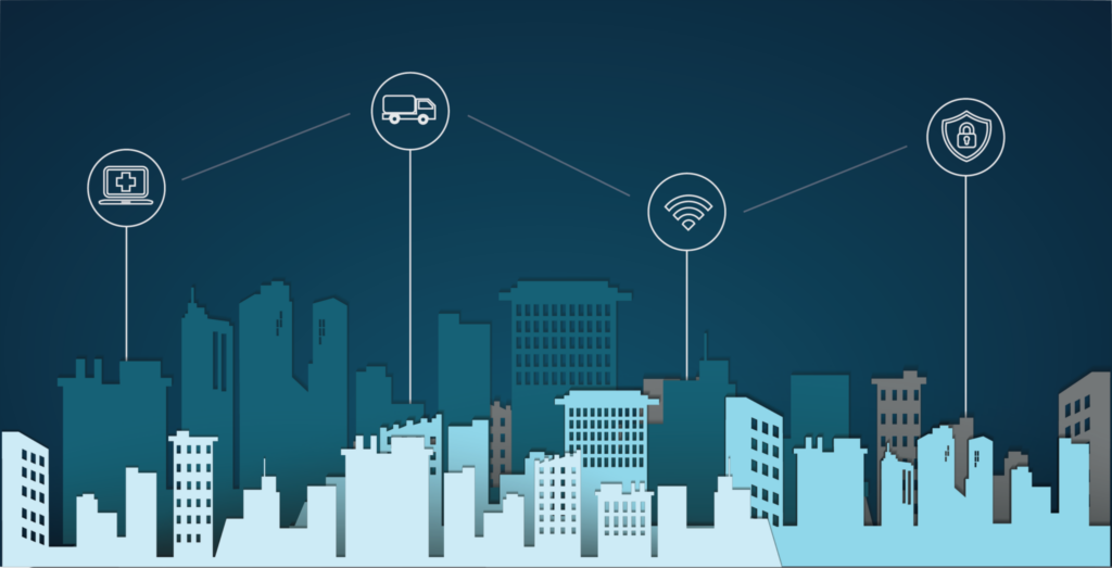 moving less graphic- laptop icon, truck icon, Wi-Fi icon, and lock shield icon over cityscape
