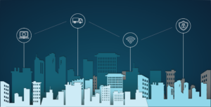 moving less graphic- laptop icon, truck icon, Wi-Fi icon, and lock shield icon over cityscape