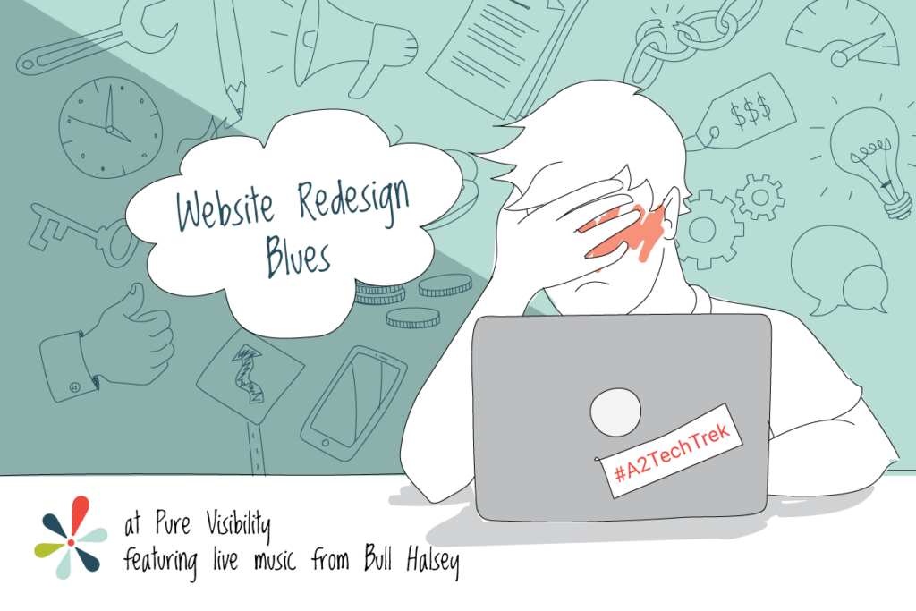 Graphic of man with hand on face using laptop-Website Redesign Blues
