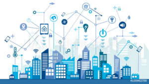 Smart city graphic-buildings with lines connecting to eachother