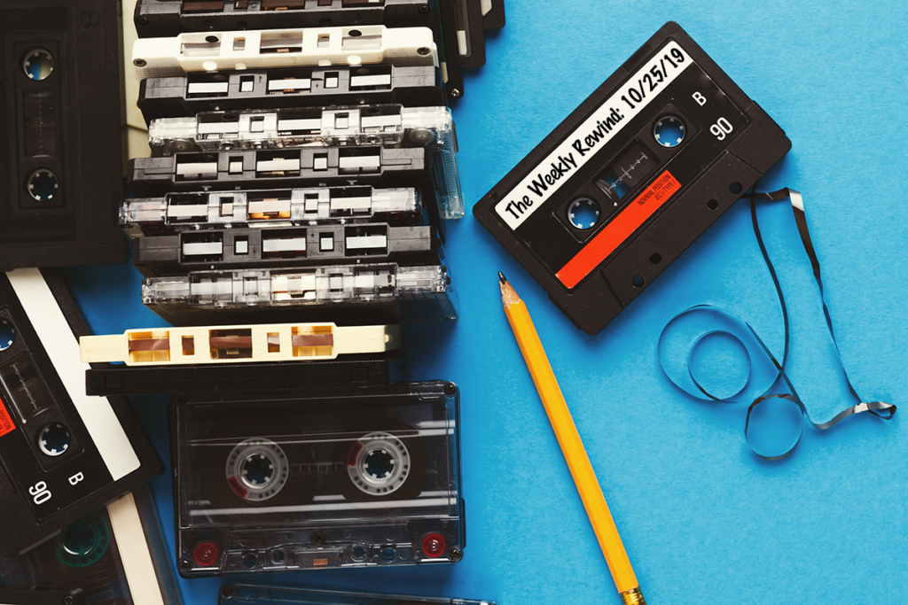 Weekly Rewind October, 2019-cassette tapes and pencil with blue background
