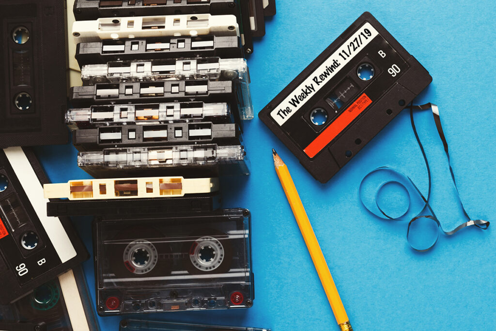 The Weekly Rewind November 27, 2019 cassette tapes and pencil with blue background