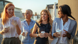 Photo of business women discussing about the project and drinking coffee on the rooftop.