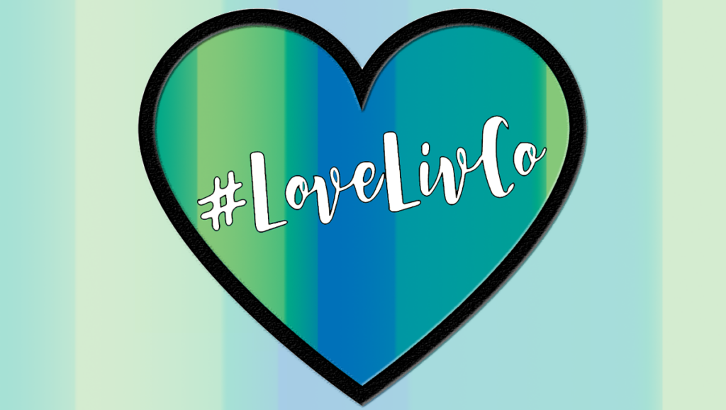 Green, teal, and blue heart with #LoveLivCo in the middle