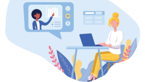 graphic of abstract woman sitting at desk on laptop with a message bubble of a woman presenting