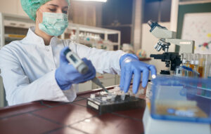 scientist in lab analysis of new corona virus, clinic laboratory chemical research of infection. Covid-19 concept.