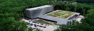 Aerial photo of KLA second North American headquarters located in Ann Arbor. The eco-conscious build features a green roof.