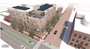 Renderings show plans for a six-story affordable housing development at the northwest corner of Catherine Street and Fourth Avenue in downtown Ann Arbor's Kerrytown district. Courtesy of Landon Bone Baker Architects via MLive