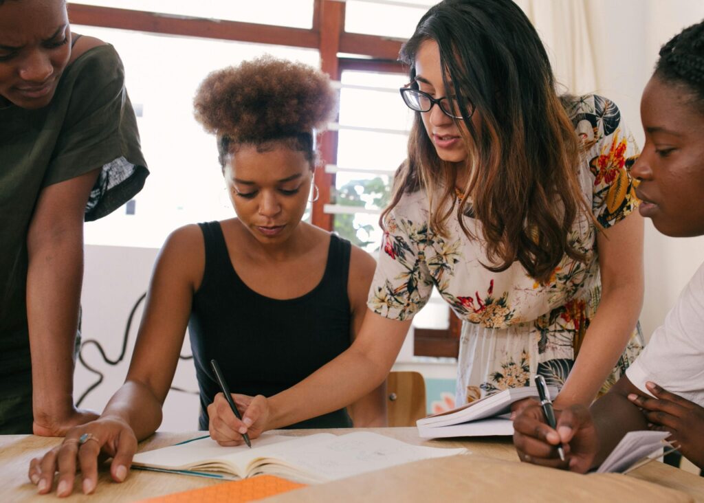 People working together around a table.