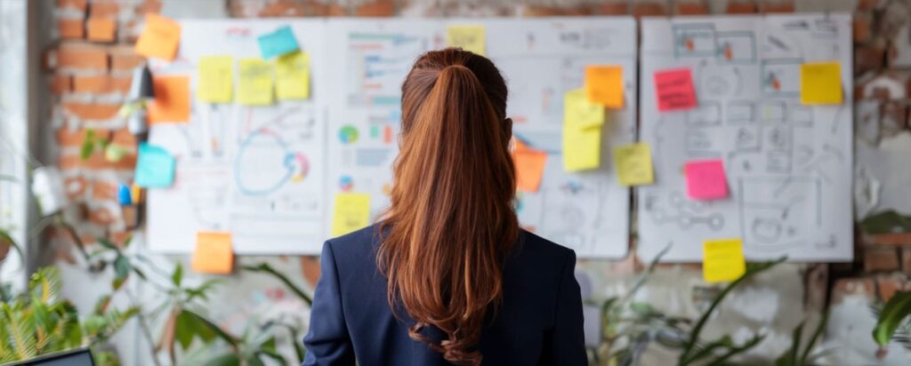 Two people looking at wall of sticky notes.