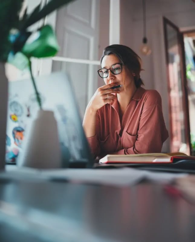 Woman looking at laptop.