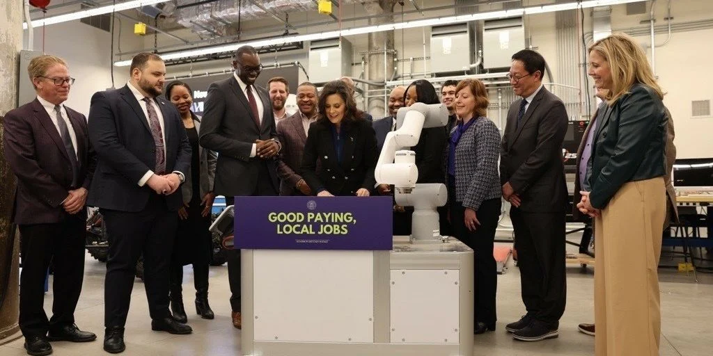 Gov. Gretchen Whitmer signs research-and-development and startup fund legislation at Newlab in Detroit on Jan. 13. Credit: Michigan governor's office